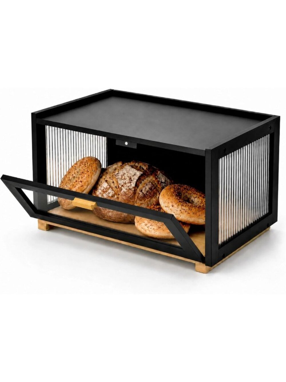Extra Large Black Bamboo Bread Box with Fluted Acrylic Doors - 2-Tier Storage